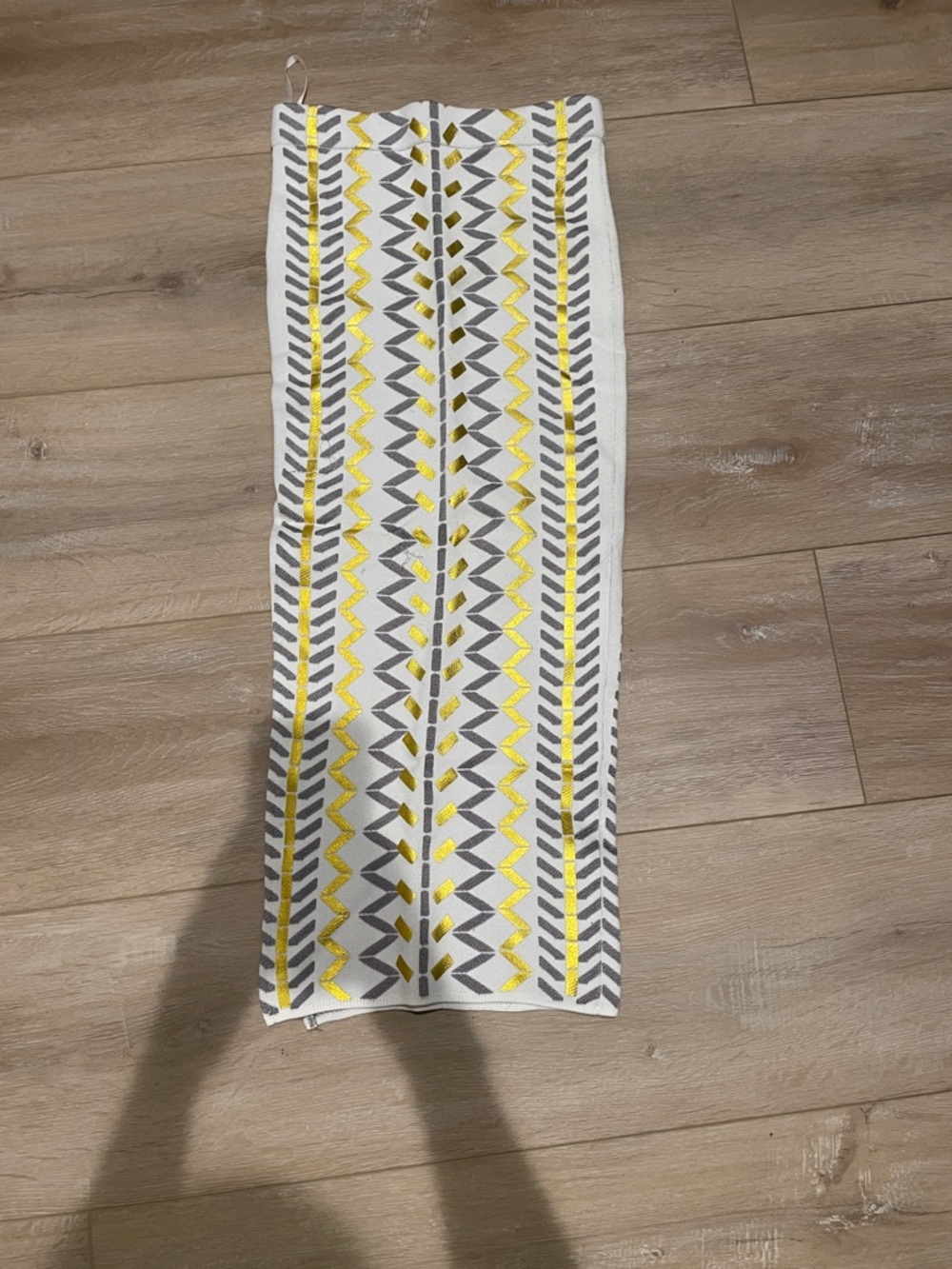 Torn by Ronny Kobo White Maxi Skirt with Yellow & Gray Geometric Trim